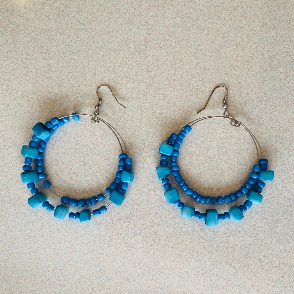 Handmade blue double loop statement earrings